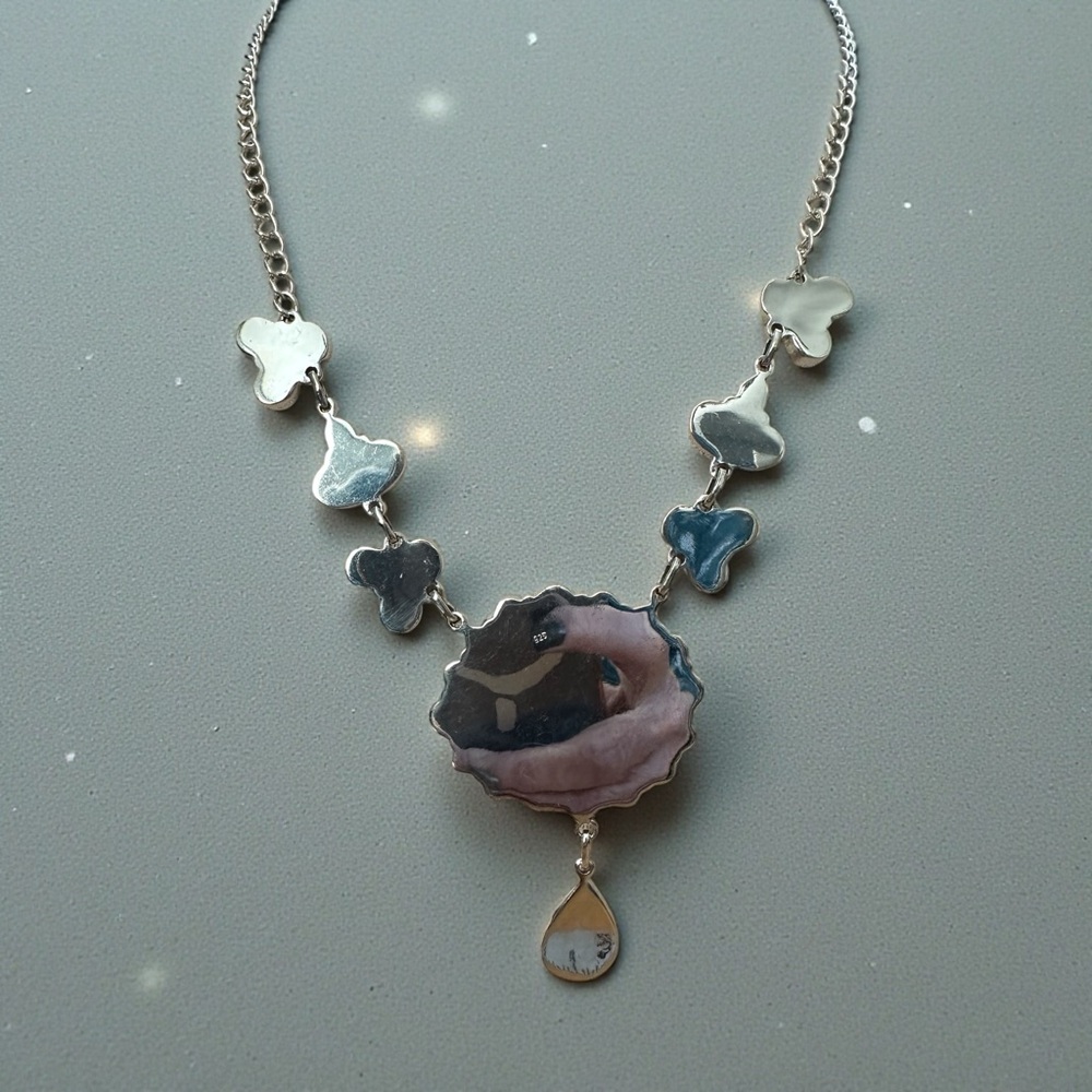Honey Dahlia Turquoise, Kingman Turquoise & Conch Solid Sterling Silver Necklace - Picture 11 of 15